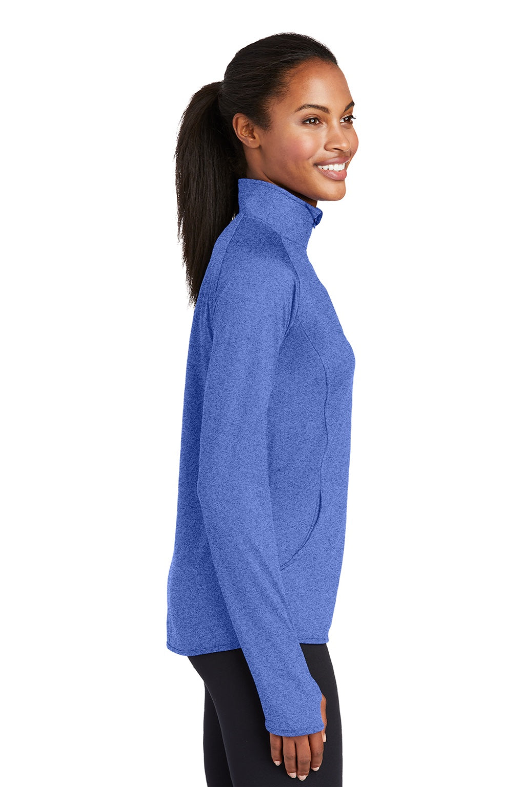 Sport-Tek LST850 Womens Sport-Wick Moisture Wicking 1/4 Zip Sweatshirt w/ Pouch Pocket Heather True Royal Blue Model Side
