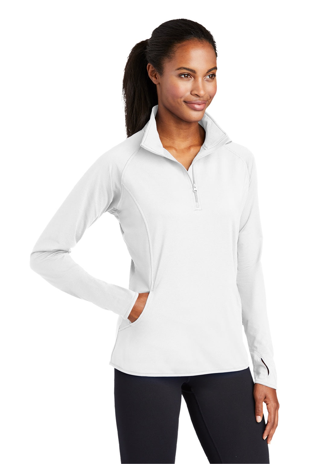 Sport-Tek LST850 Womens Sport-Wick Moisture Wicking 1/4 Zip Sweatshirt w/ Pouch Pocket White Model 3q