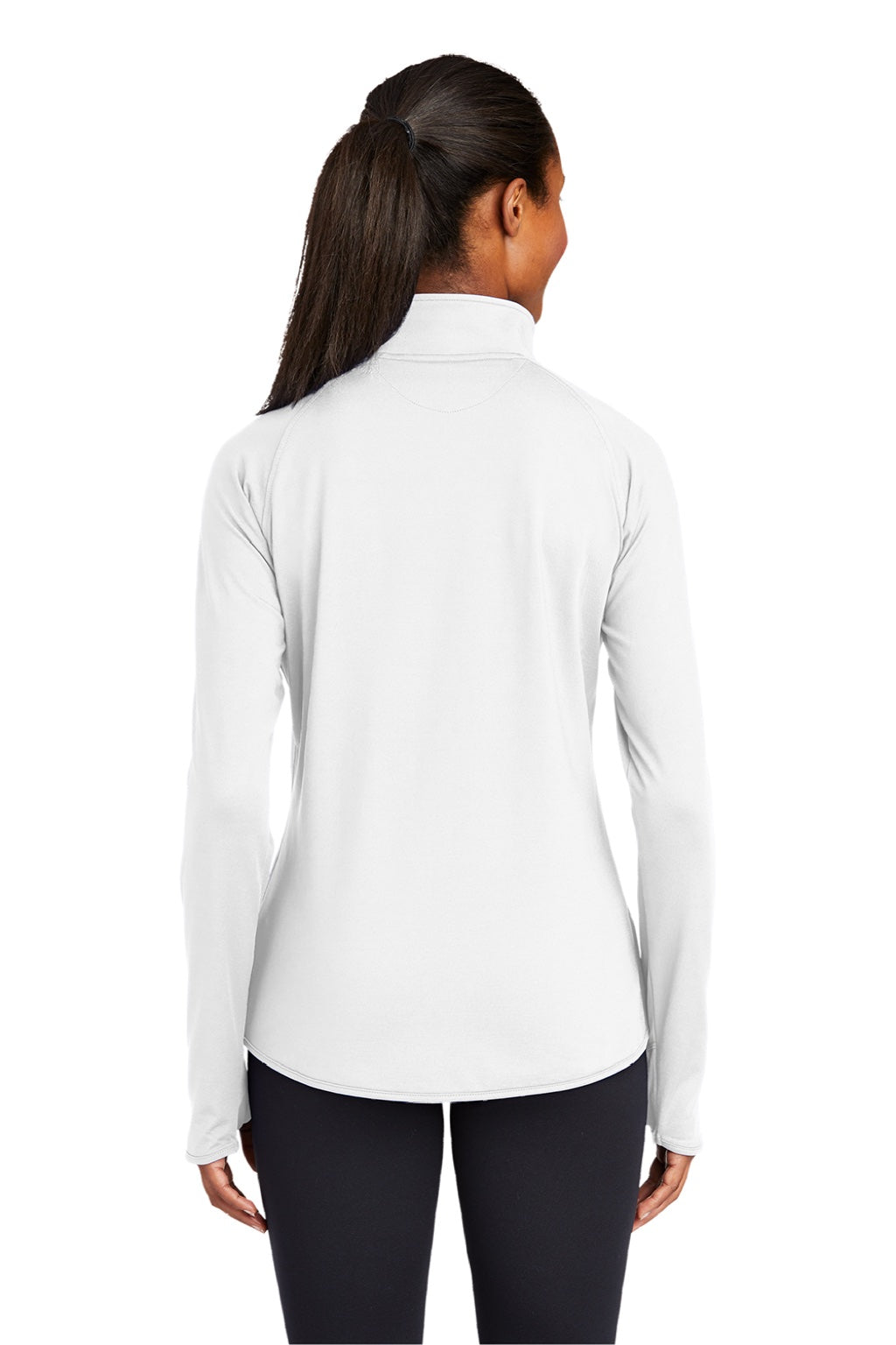 Sport-Tek LST850 Womens Sport-Wick Moisture Wicking 1/4 Zip Sweatshirt w/ Pouch Pocket White Model Back