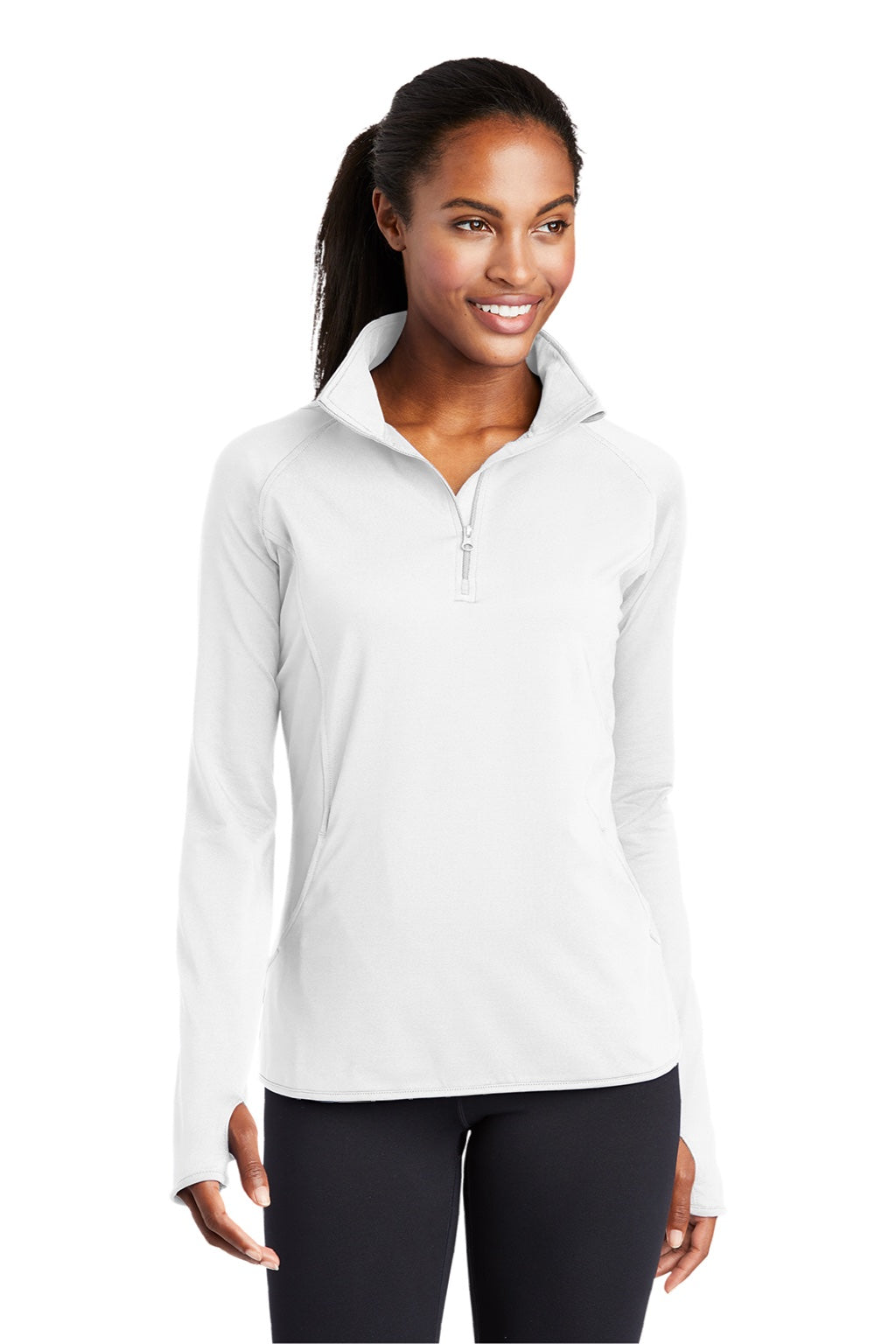 Sport-Tek LST850 Womens Sport-Wick Moisture Wicking 1/4 Zip Sweatshirt w/ Pouch Pocket White Model Front