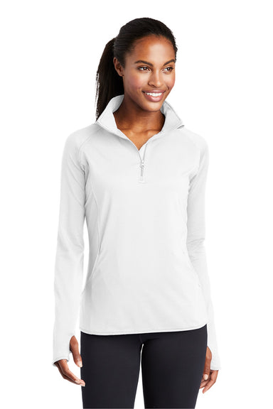 Sport-Tek LST850 Womens Sport-Wick Moisture Wicking 1/4 Zip Sweatshirt w/ Pouch Pocket White Model Front