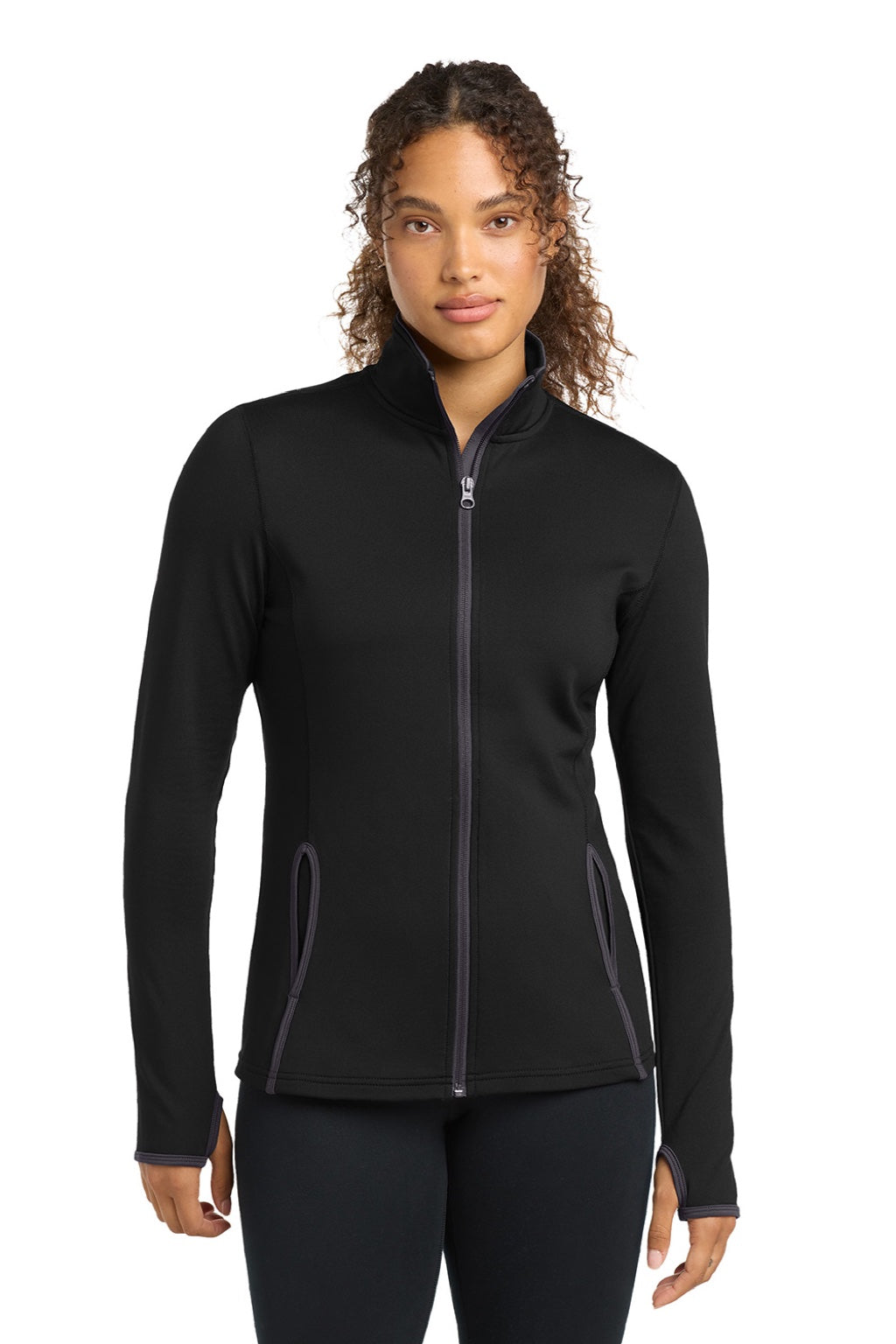 Sport-Tek LST853 Womens Sport-Wick Moisture Wicking Full Zip Jacket Black/Charcoal Grey Model Front