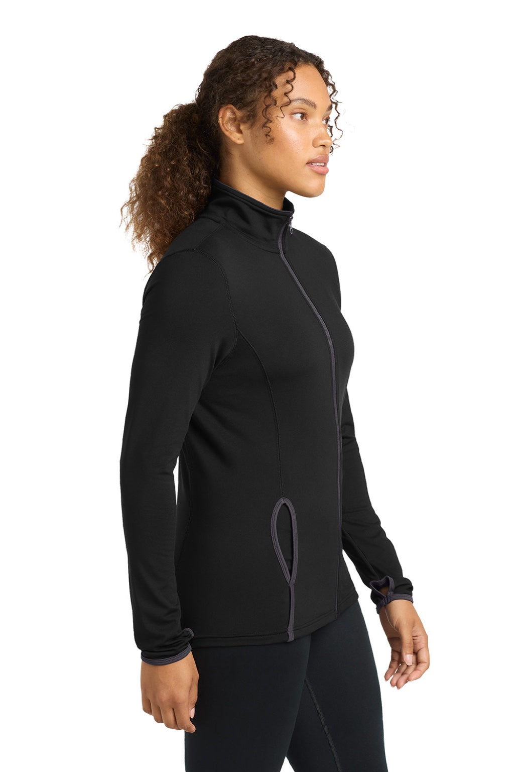 Sport-Tek LST853 Womens Sport-Wick Moisture Wicking Full Zip Jacket Black/Charcoal Grey Model Side
