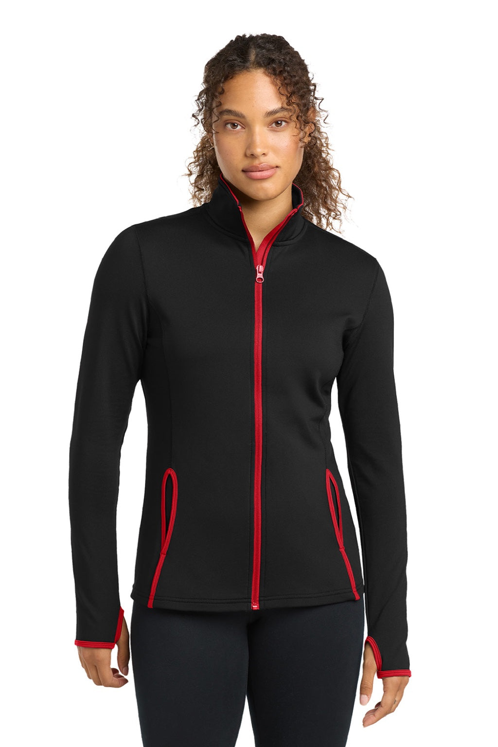 Sport-Tek LST853 Womens Sport-Wick Moisture Wicking Full Zip Jacket Black/True Red Model Front