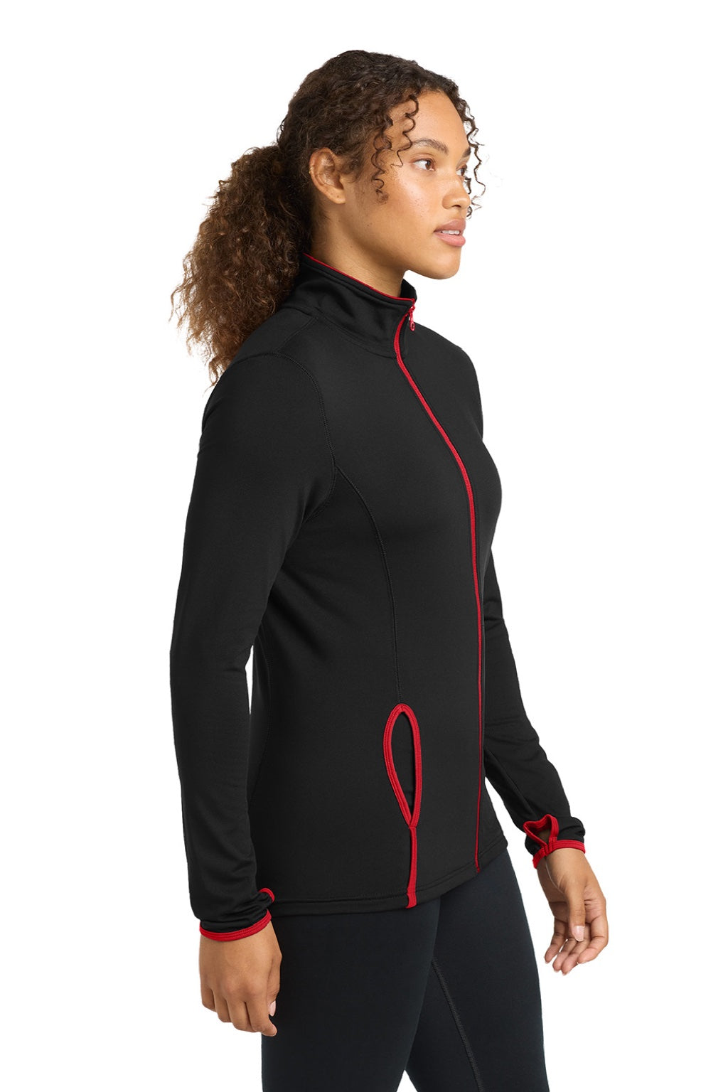 Sport-Tek LST853 Womens Sport-Wick Moisture Wicking Full Zip Jacket Black/True Red Model Side