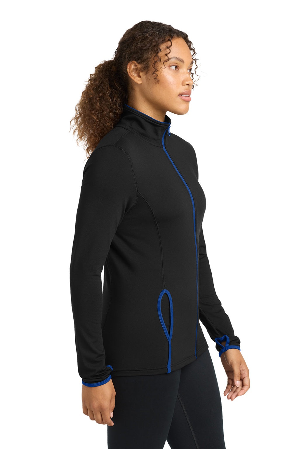Sport-Tek LST853 Womens Sport-Wick Moisture Wicking Full Zip Jacket Black/True Royal Blue Model Side