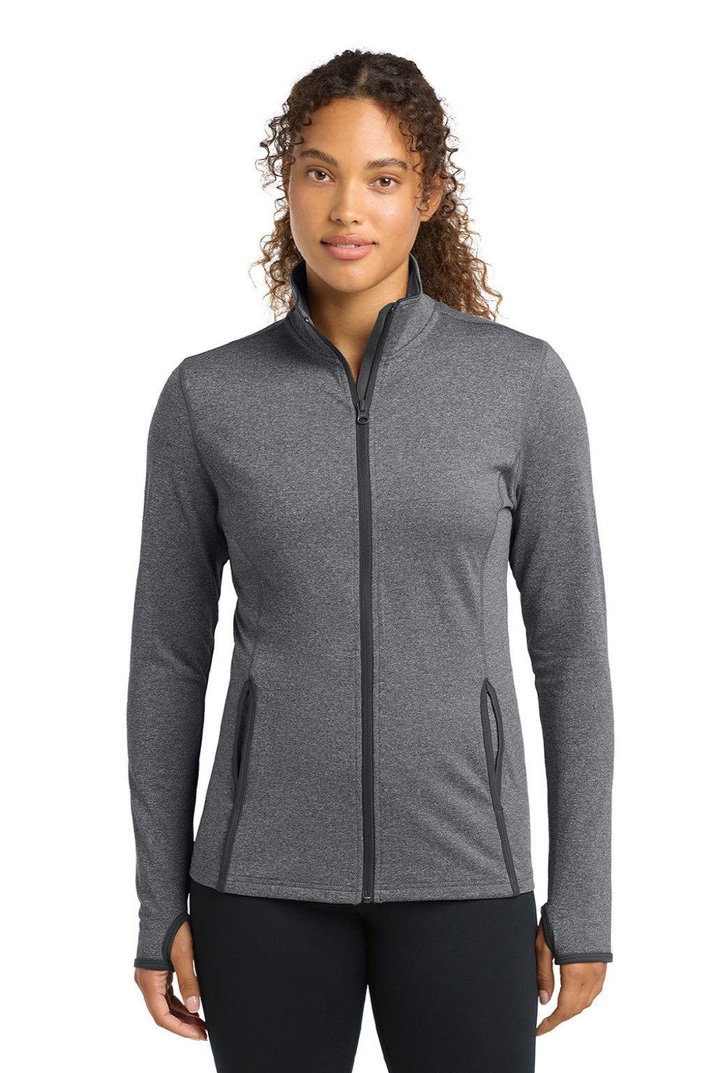 Sport-Tek LST853 Womens Sport-Wick Moisture Wicking Full Zip Jacket Heather Charcoal Grey/Charcoal Grey Model Front