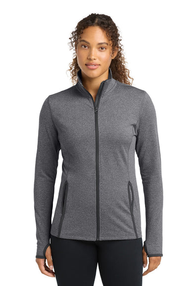 Sport-Tek LST853 Womens Sport-Wick Moisture Wicking Full Zip Jacket Heather Charcoal Grey/Charcoal Grey Model Front