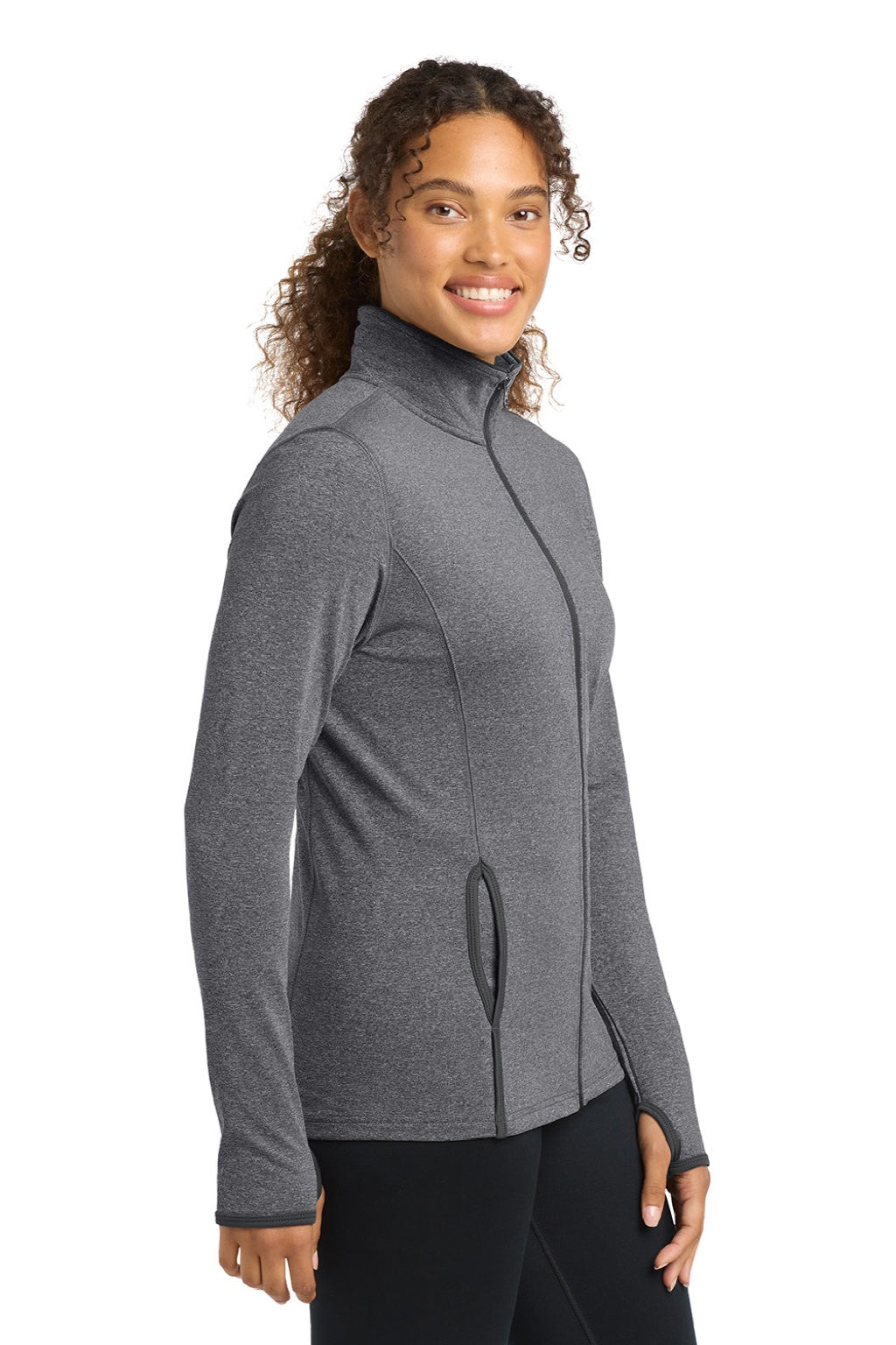 Sport-Tek LST853 Womens Sport-Wick Moisture Wicking Full Zip Jacket Heather Charcoal Grey/Charcoal Grey Model Side