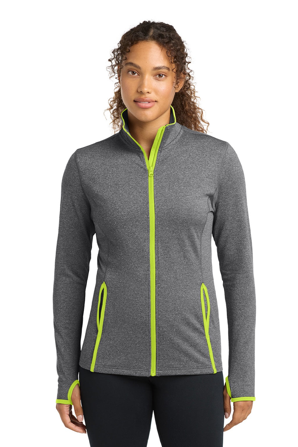 Sport-Tek LST853 Womens Sport-Wick Moisture Wicking Full Zip Jacket Heather Charcoal Grey/Charge Green Model Front