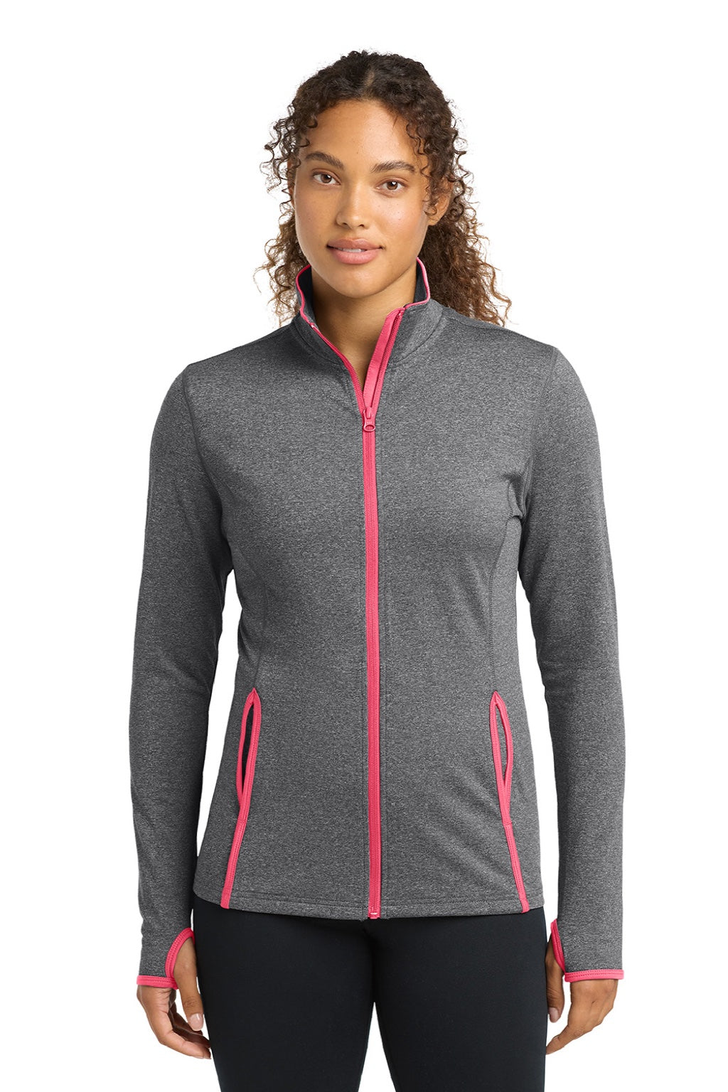 Sport-Tek LST853 Womens Sport-Wick Moisture Wicking Full Zip Jacket Heather Charcoal Grey/Hot Coral Pink Model Front