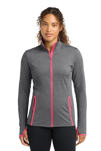 Sport-Tek LST853 Womens Sport-Wick Moisture Wicking Full Zip Jacket Heather Charcoal Grey/Hot Coral Pink Model Front
