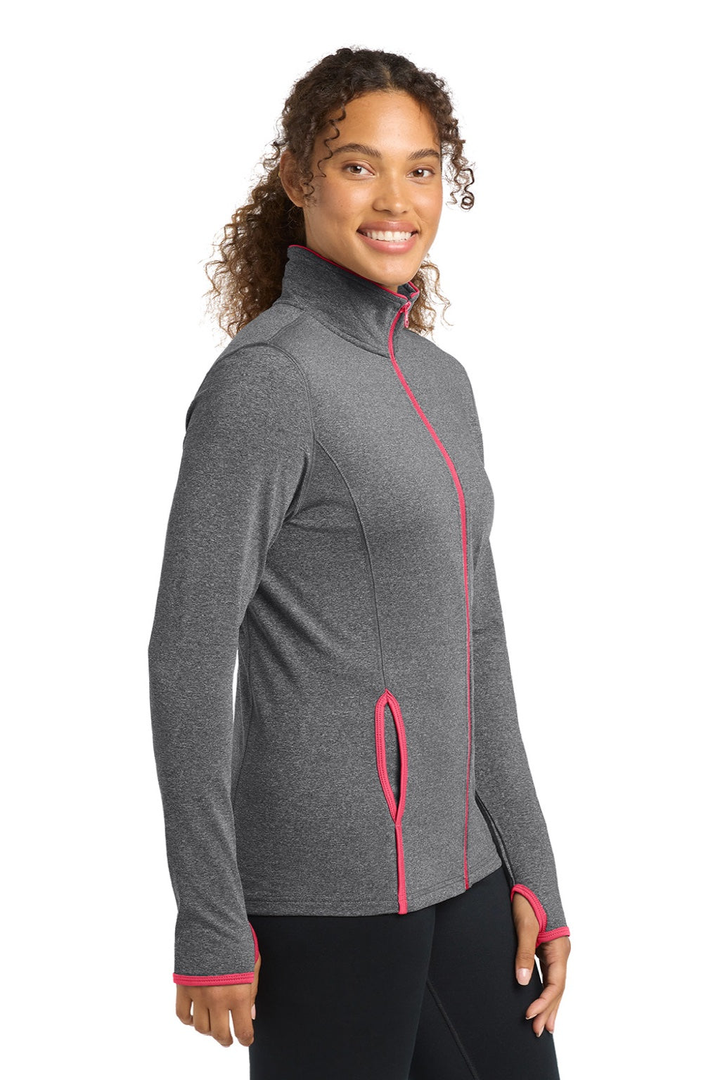 Sport-Tek LST853 Womens Sport-Wick Moisture Wicking Full Zip Jacket Heather Charcoal Grey/Hot Coral Pink Model Side