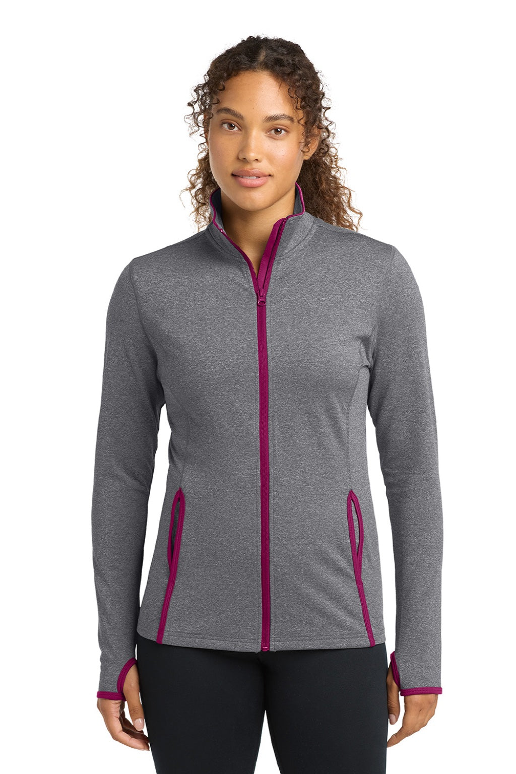 Sport-Tek LST853 Womens Sport-Wick Moisture Wicking Full Zip Jacket Heather Charcoal Grey/Pink Rush Model Front