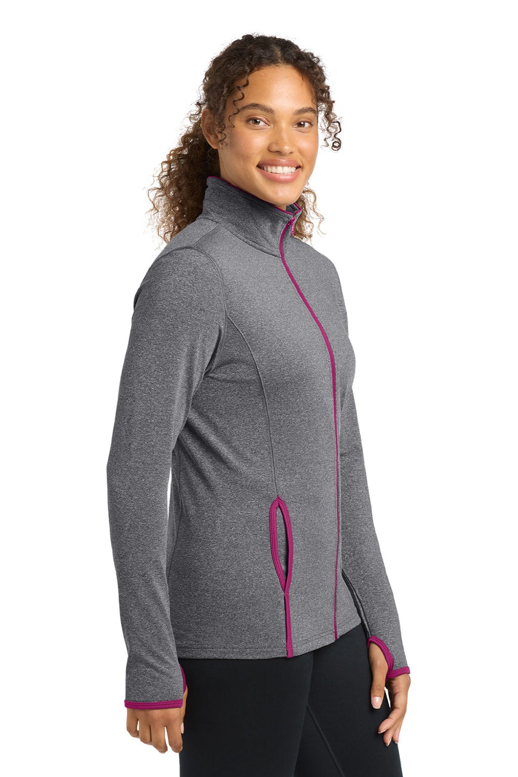 Sport-Tek LST853 Womens Sport-Wick Moisture Wicking Full Zip Jacket Heather Charcoal Grey/Pink Rush Model Side