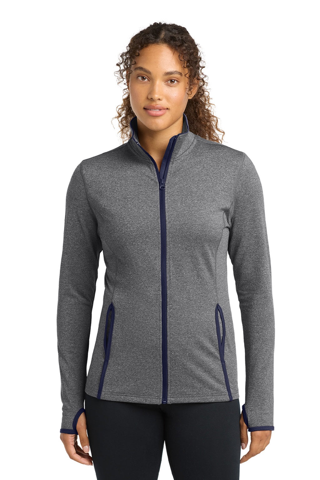Sport-Tek LST853 Womens Sport-Wick Moisture Wicking Full Zip Jacket Heather Charcoal Grey/True Navy Blue Model Front