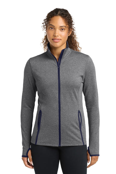Sport-Tek LST853 Womens Sport-Wick Moisture Wicking Full Zip Jacket Heather Charcoal Grey/True Navy Blue Model Front