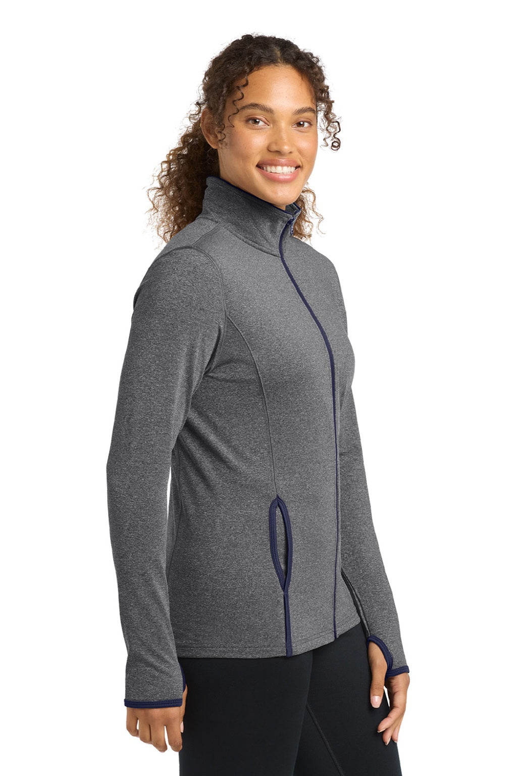 Sport-Tek LST853 Womens Sport-Wick Moisture Wicking Full Zip Jacket Heather Charcoal Grey/True Navy Blue Model Side