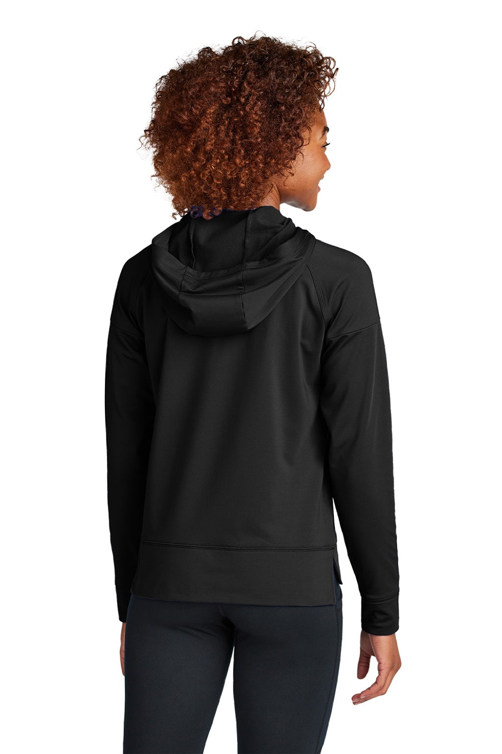 Sport-Tek LST856 Womens Sport-Wick Moisture Wicking 1/4 Zip Hooded Sweatshirt Hoodie w/ Pouch Pocket Black Model Back