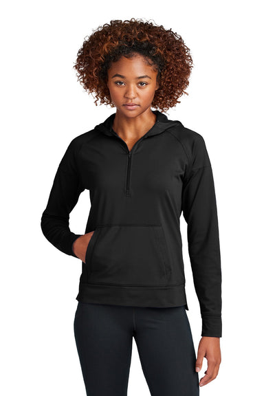 Sport-Tek LST856 Womens Sport-Wick Moisture Wicking 1/4 Zip Hooded Sweatshirt Hoodie w/ Pouch Pocket Black Model Front