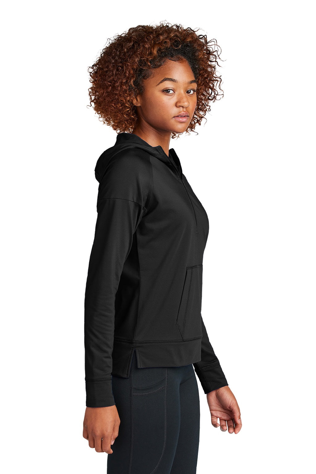 Sport-Tek LST856 Womens Sport-Wick Moisture Wicking 1/4 Zip Hooded Sweatshirt Hoodie w/ Pouch Pocket Black Model Side