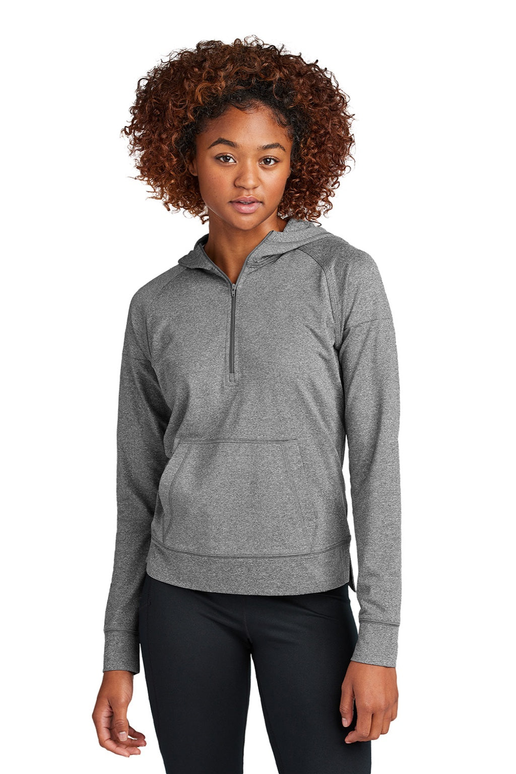 Sport-Tek LST856 Womens Sport-Wick Moisture Wicking 1/4 Zip Hooded Sweatshirt Hoodie w/ Pouch Pocket Heather Charcoal Grey Model Front