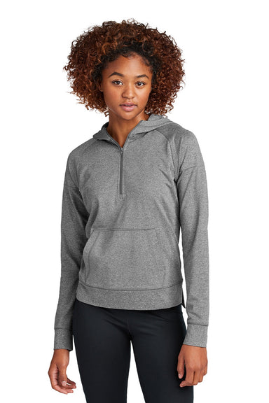Sport-Tek LST856 Womens Sport-Wick Moisture Wicking 1/4 Zip Hooded Sweatshirt Hoodie w/ Pouch Pocket Heather Charcoal Grey Model Front