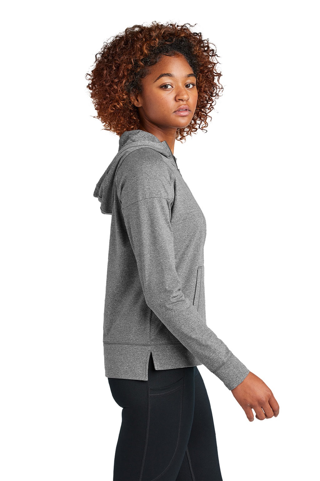 Sport-Tek LST856 Womens Sport-Wick Moisture Wicking 1/4 Zip Hooded Sweatshirt Hoodie w/ Pouch Pocket Heather Charcoal Grey Model Side