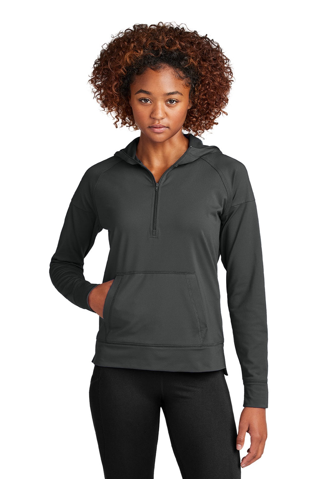 Sport-Tek LST856 Womens Sport-Wick Moisture Wicking 1/4 Zip Hooded Sweatshirt Hoodie w/ Pouch Pocket Charcoal Grey Model Front
