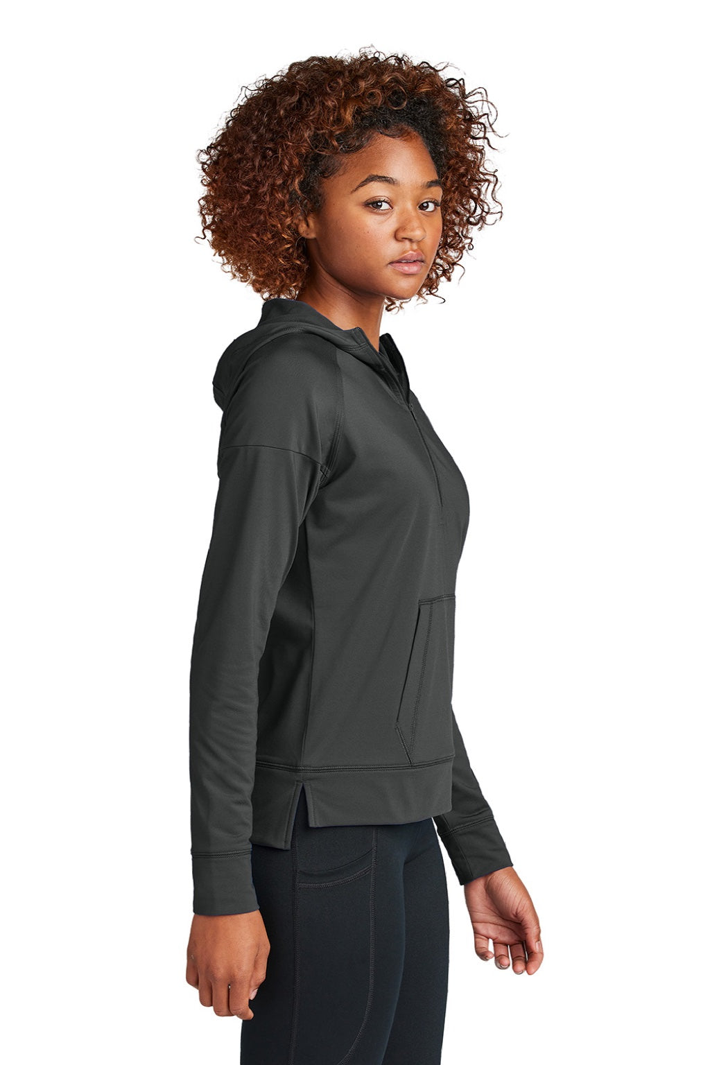Sport-Tek LST856 Womens Sport-Wick Moisture Wicking 1/4 Zip Hooded Sweatshirt Hoodie w/ Pouch Pocket Charcoal Grey Model Side