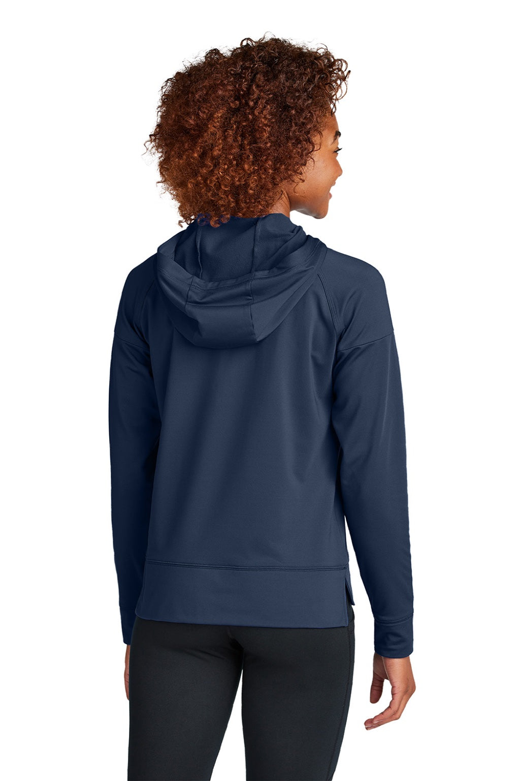 Sport-Tek LST856 Womens Sport-Wick Moisture Wicking 1/4 Zip Hooded Sweatshirt Hoodie w/ Pouch Pocket True Navy Blue Model Back
