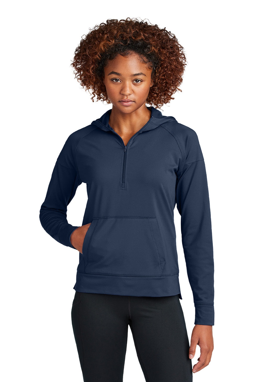 Sport-Tek LST856 Womens Sport-Wick Moisture Wicking 1/4 Zip Hooded Sweatshirt Hoodie w/ Pouch Pocket True Navy Blue Model Front