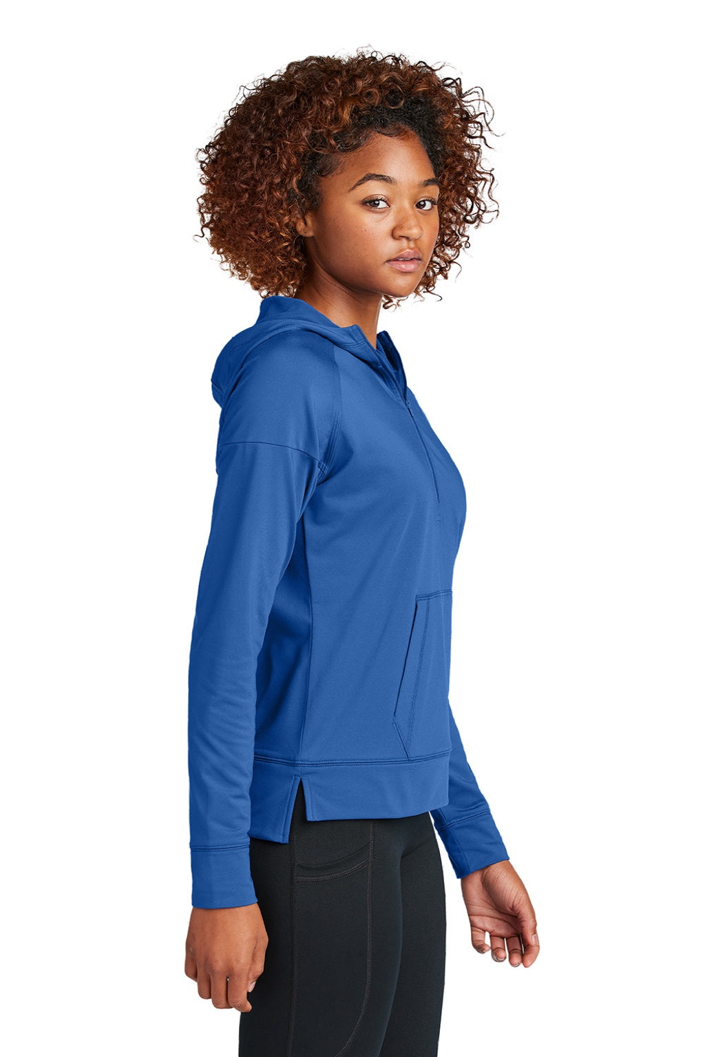 Sport-Tek LST856 Womens Sport-Wick Moisture Wicking 1/4 Zip Hooded Sweatshirt Hoodie w/ Pouch Pocket True Royal Blue Model Side