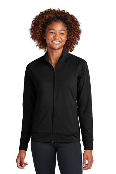 Sport-Tek LST857 Womens Sport-Wick Moisture Wicking Full Zip Cadet Jacket Black Model Front
