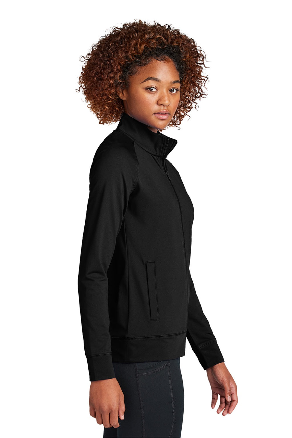 Sport-Tek LST857 Womens Sport-Wick Moisture Wicking Full Zip Cadet Jacket Black Model Side