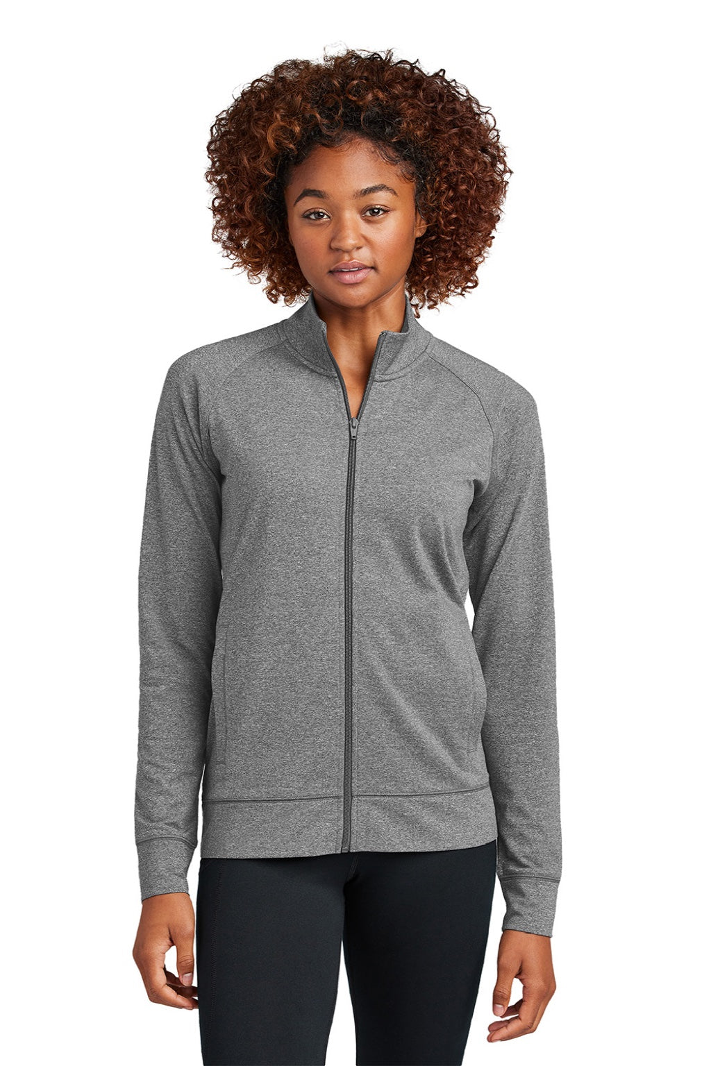Sport-Tek LST857 Womens Sport-Wick Moisture Wicking Full Zip Cadet Jacket Heather Charcoal Grey Model Front