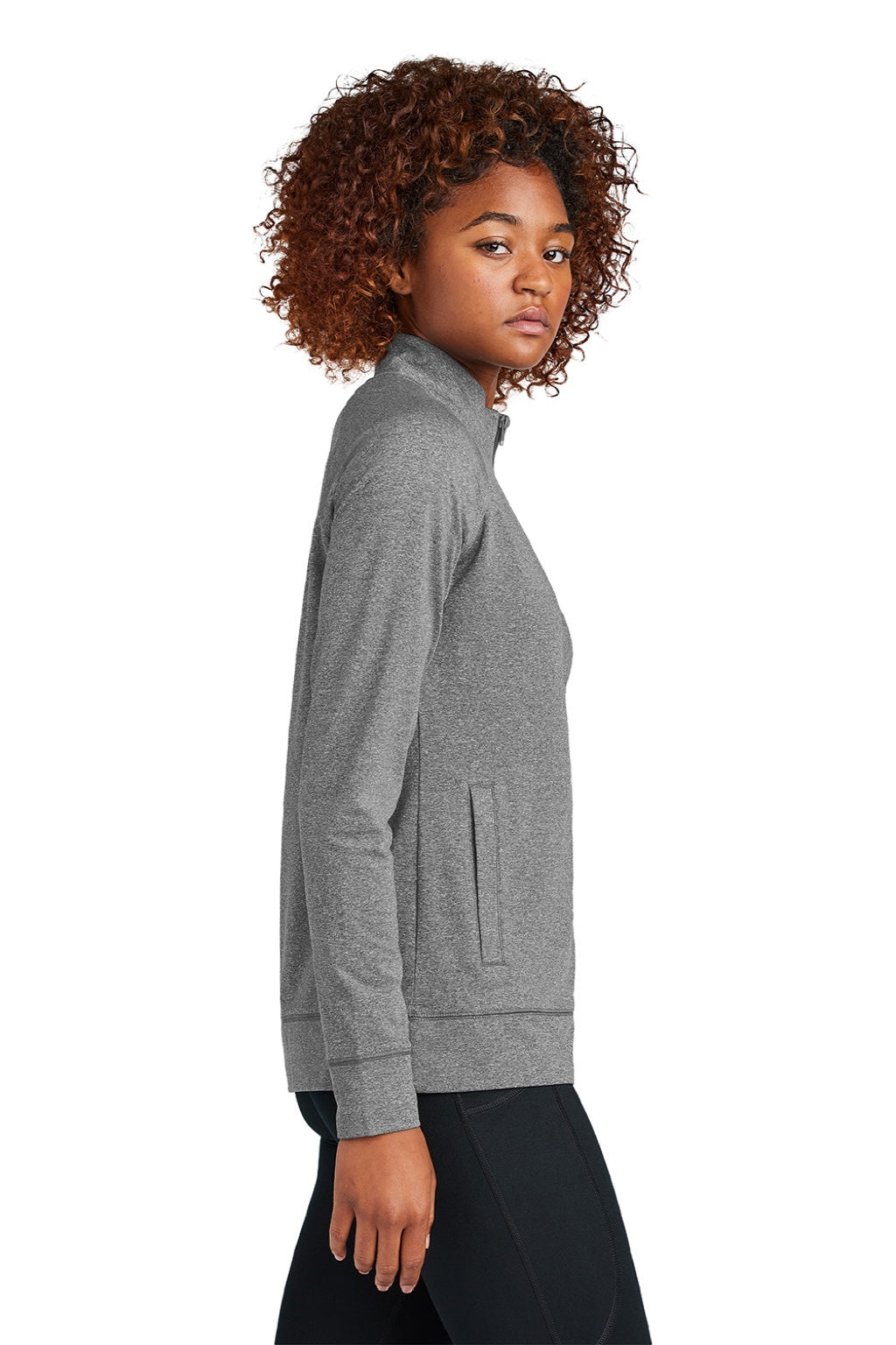 Sport-Tek LST857 Womens Sport-Wick Moisture Wicking Full Zip Cadet Jacket Heather Charcoal Grey Model Side