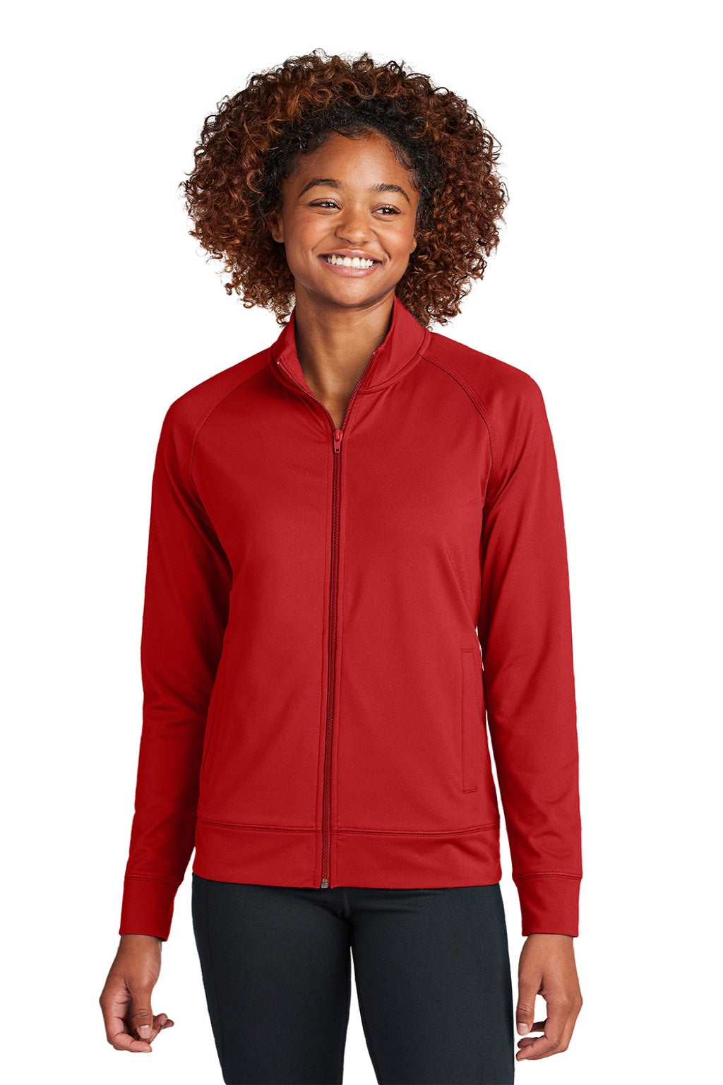 Sport-Tek LST857 Womens Sport-Wick Moisture Wicking Full Zip Cadet Jacket Deep Red Model Front