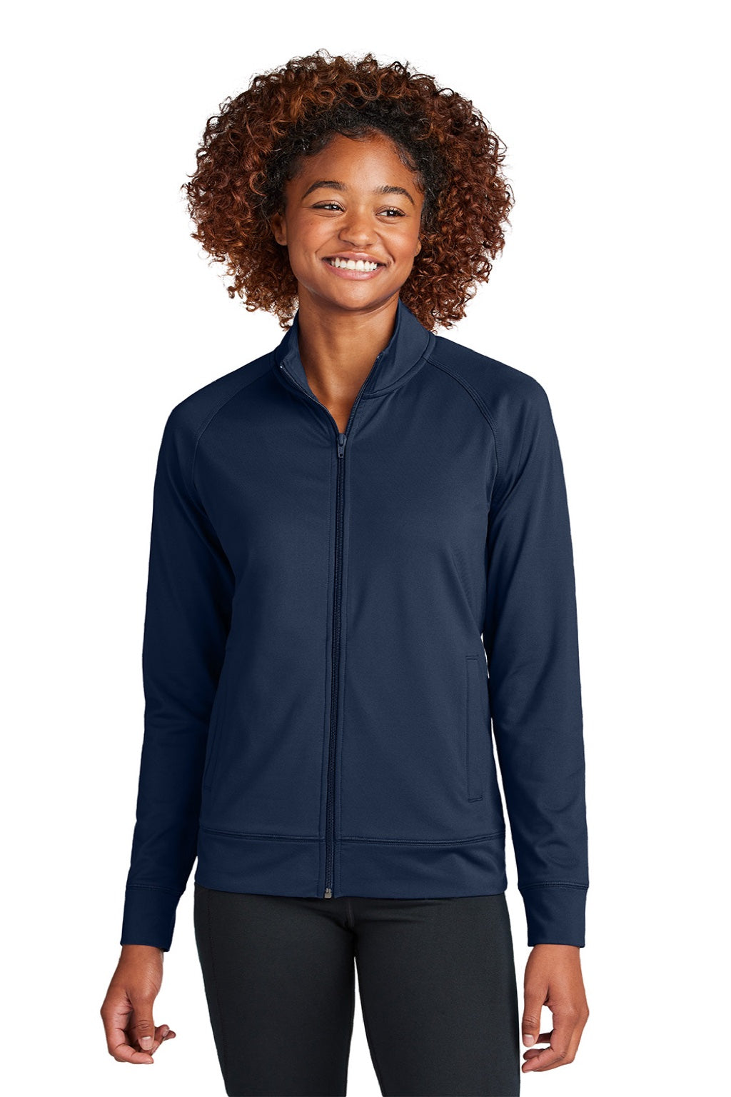 Sport-Tek LST857 Womens Sport-Wick Moisture Wicking Full Zip Cadet Jacket True Navy Blue Model Front