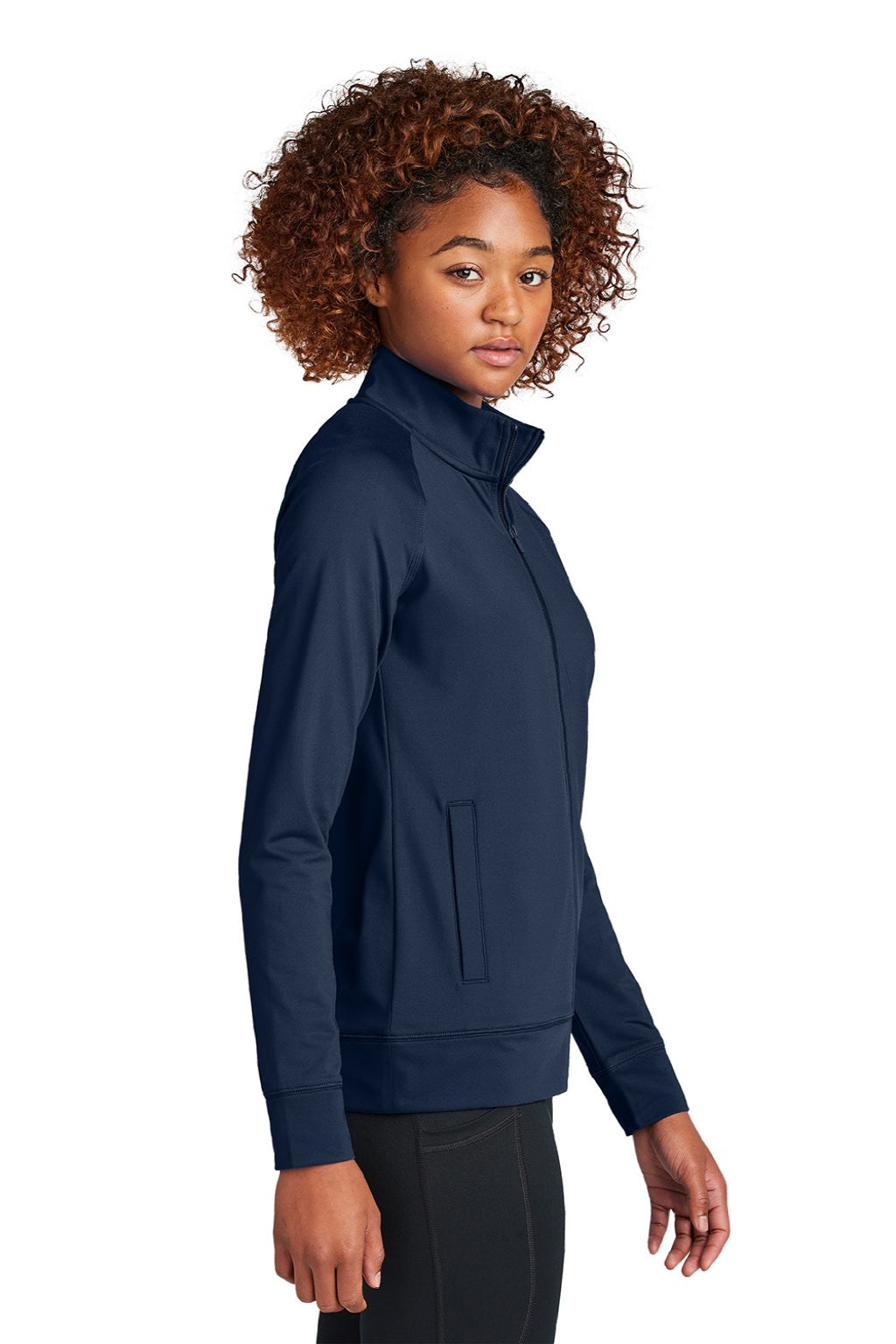 Sport-Tek LST857 Womens Sport-Wick Moisture Wicking Full Zip Cadet Jacket True Navy Blue Model Side