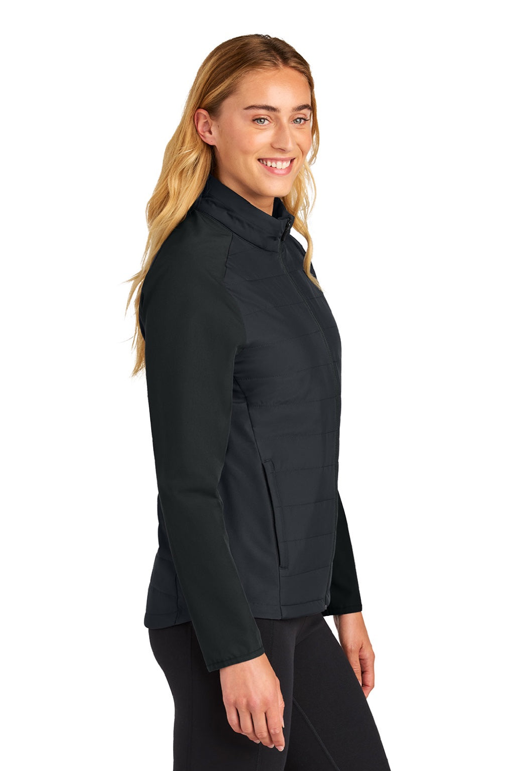 Sport-Tek LST940 Womens Teknical Hybrid Full Zip Jacket Black Model Side