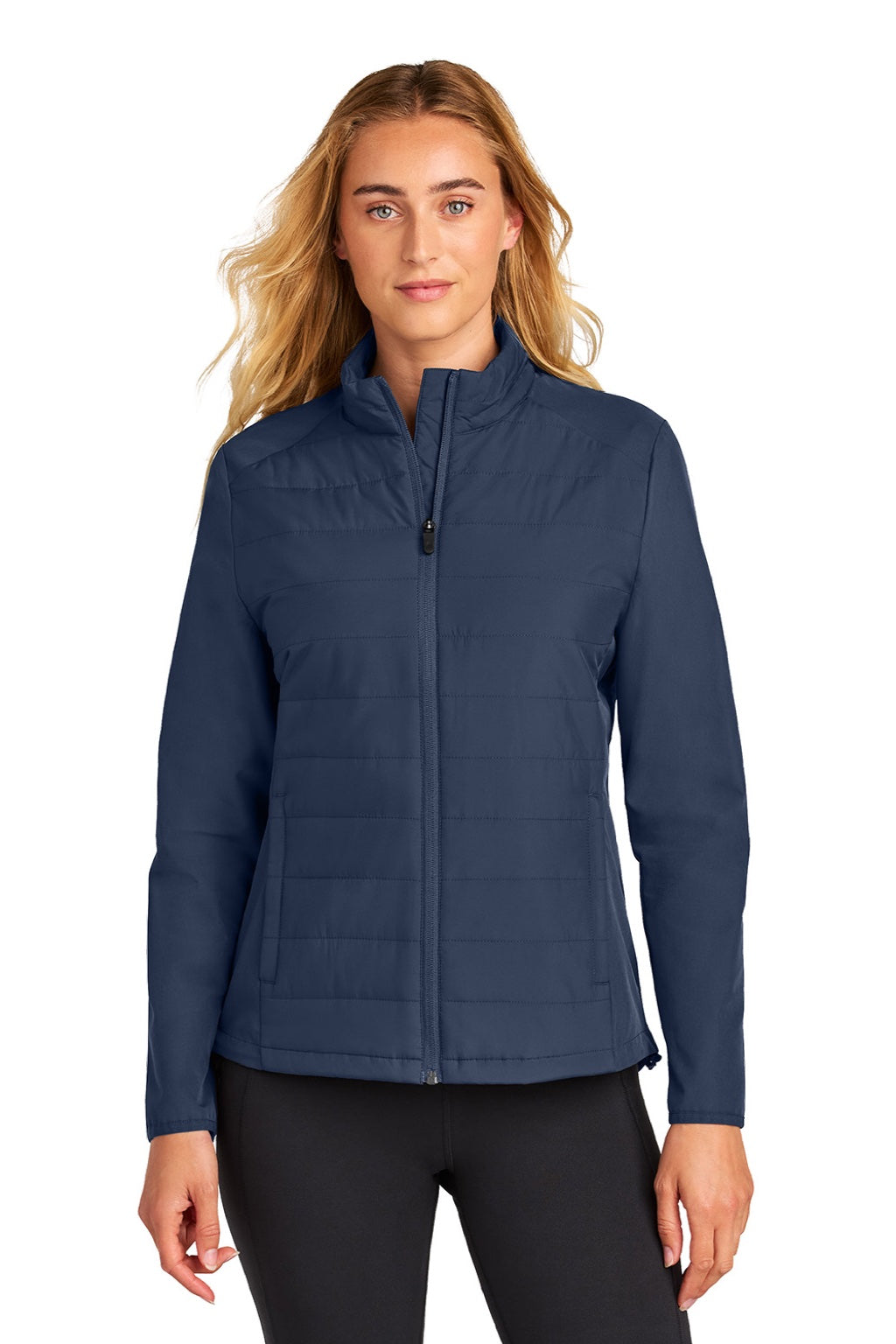 Sport-Tek LST940 Womens Teknical Hybrid Full Zip Jacket True Navy Blue Model Front