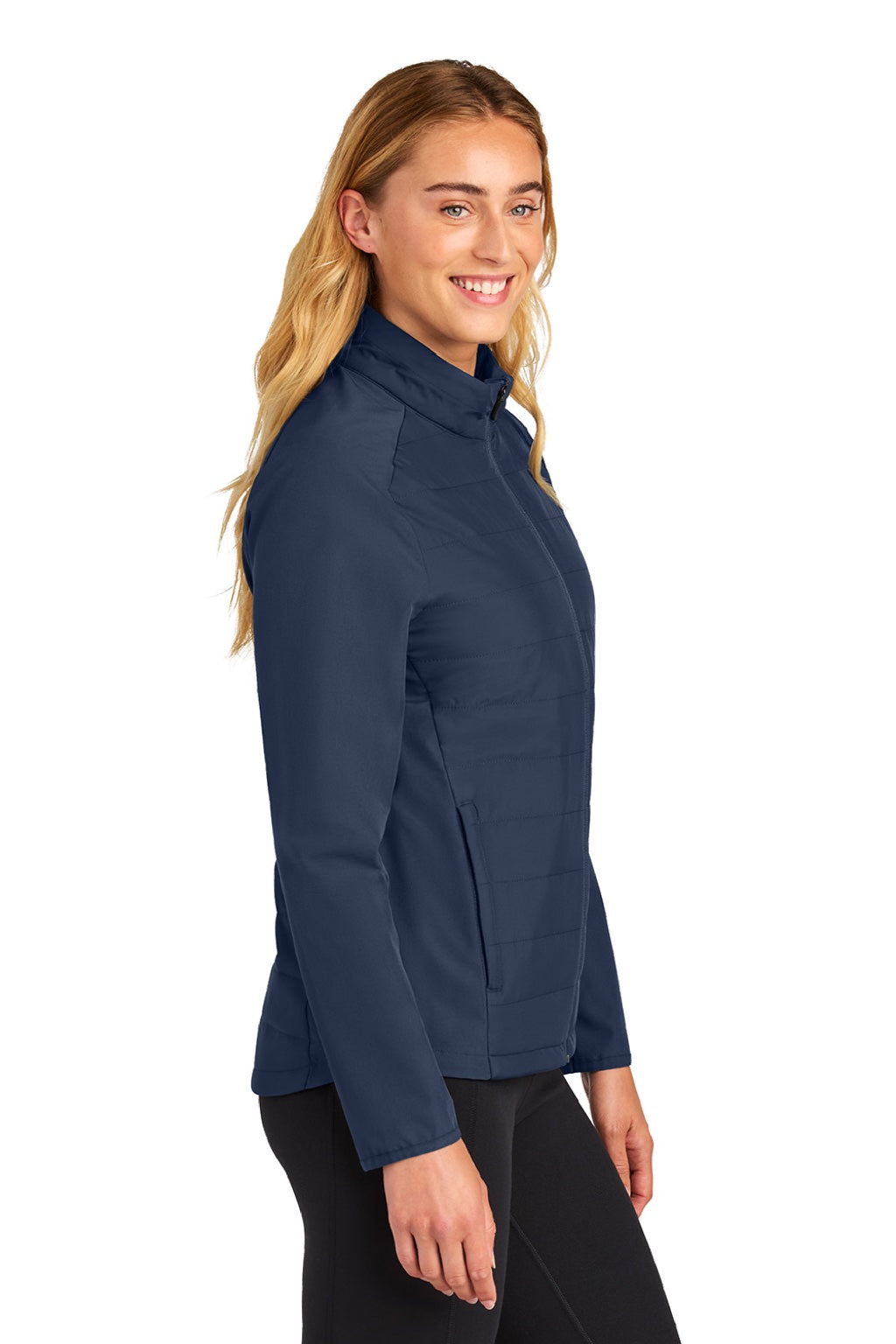 Sport-Tek LST940 Womens Teknical Hybrid Full Zip Jacket True Navy Blue Model Side