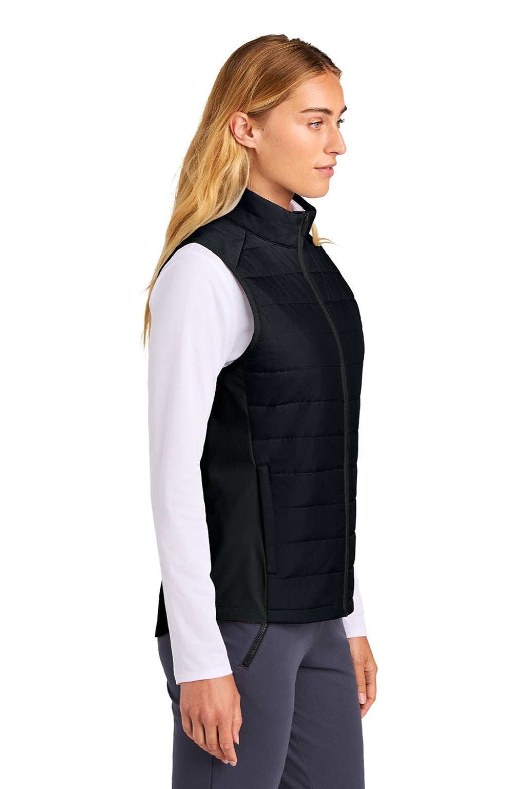 Sport-Tek LST941 Womens Teknical Hybrid Full Zip Vest Black Model Side