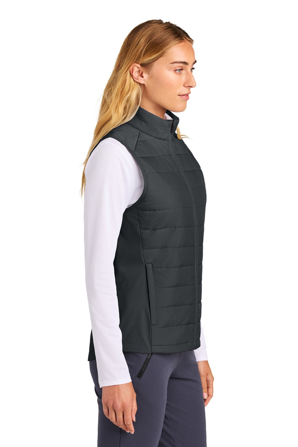 Sport-Tek LST941 Womens Teknical Hybrid Full Zip Vest Iron Grey Model Side