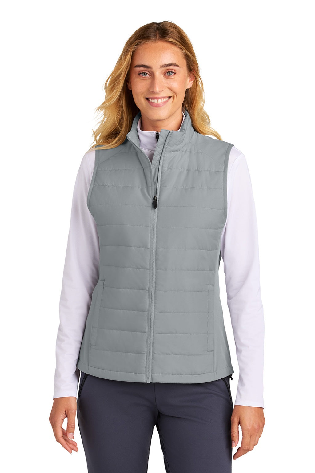 Sport-Tek LST941 Womens Teknical Hybrid Full Zip Vest Silver Grey Model Front