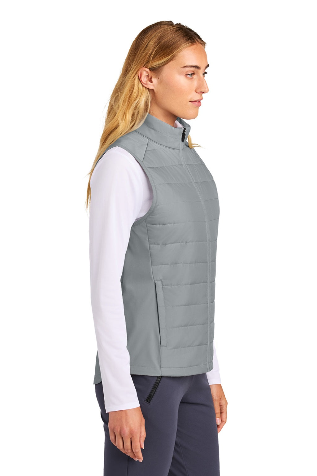Sport-Tek LST941 Womens Teknical Hybrid Full Zip Vest Silver Grey Model Side