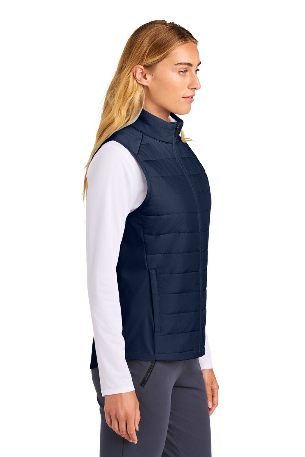 Sport-Tek LST941 Womens Teknical Hybrid Full Zip Vest True Navy Blue Model Side