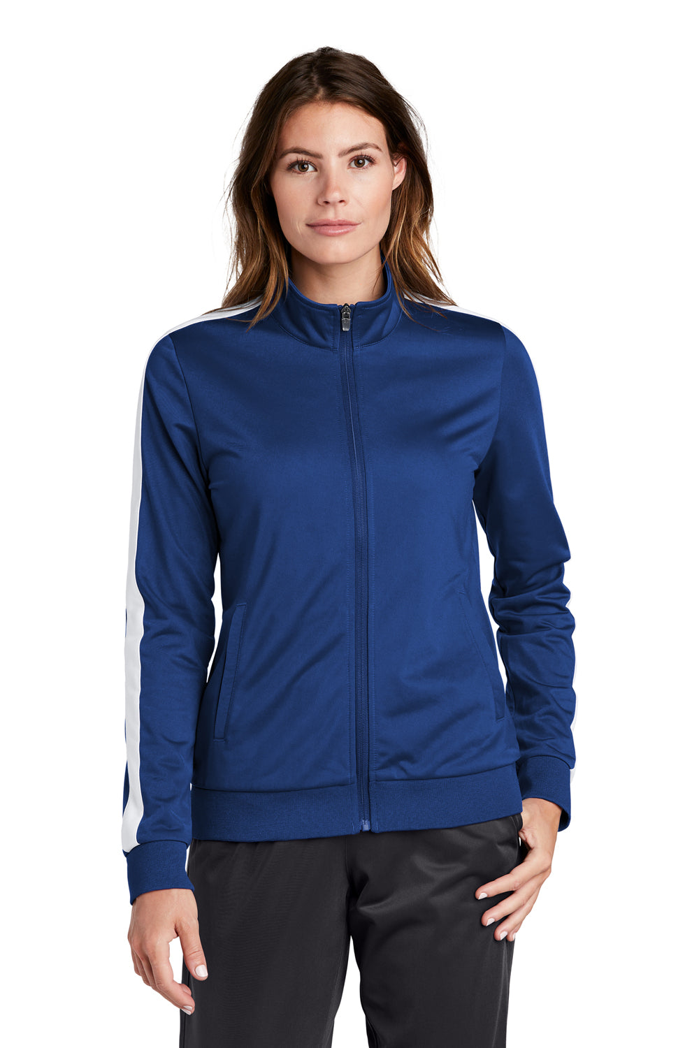 Sport-Tek LST94 Womens Full Zip Track Jacket True Royal Blue/White Model Front