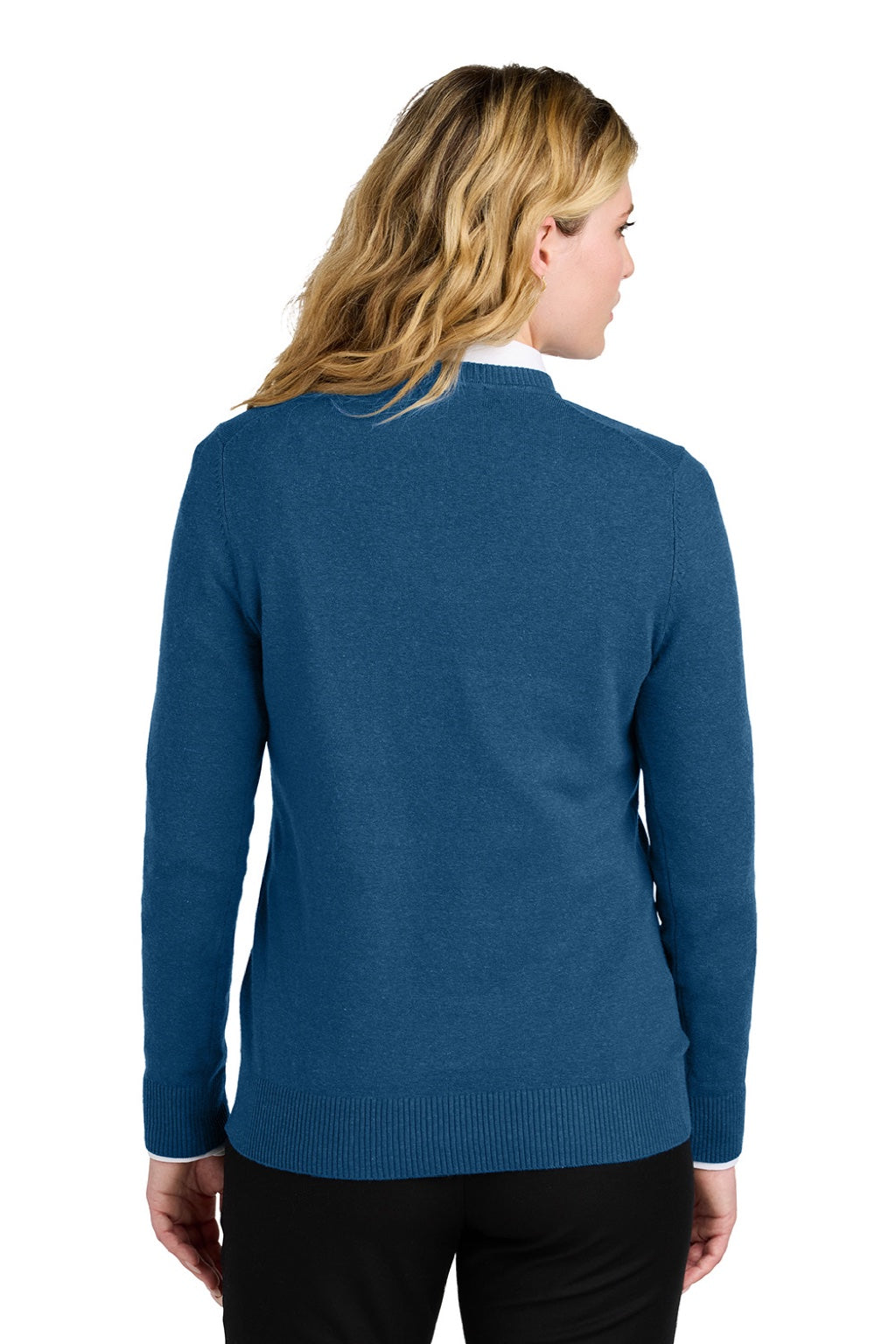 Port Authority LSW2850 Womens Easy Care Long Sleeve V-Neck Sweater Heather Aegean Blue Model Back